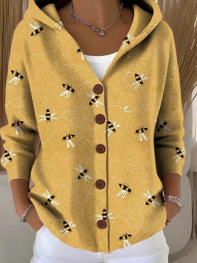 Women's Printed Hooded Cardigan – Button-Front Relaxed Knit Sweater