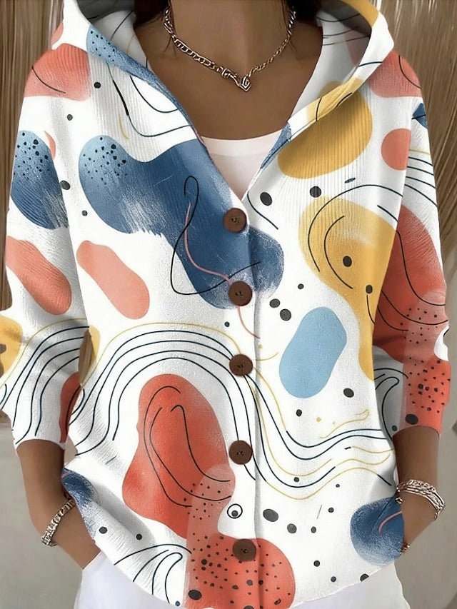 Women's Printed Hooded Cardigan – Button-Front Relaxed Knit Sweater