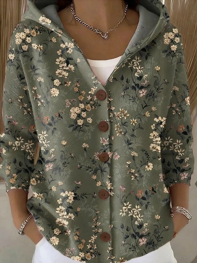 Women's Printed Hooded Cardigan – Button-Front Relaxed Knit Sweater