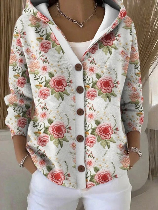 Women's Printed Hooded Cardigan – Button-Front Relaxed Knit Sweater