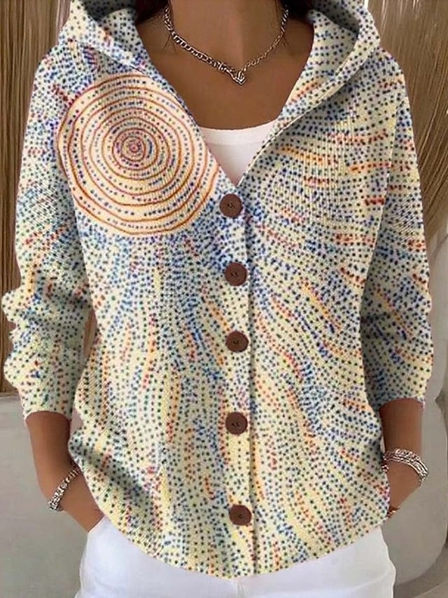 Women's Printed Hooded Cardigan – Button-Front Relaxed Knit Sweater