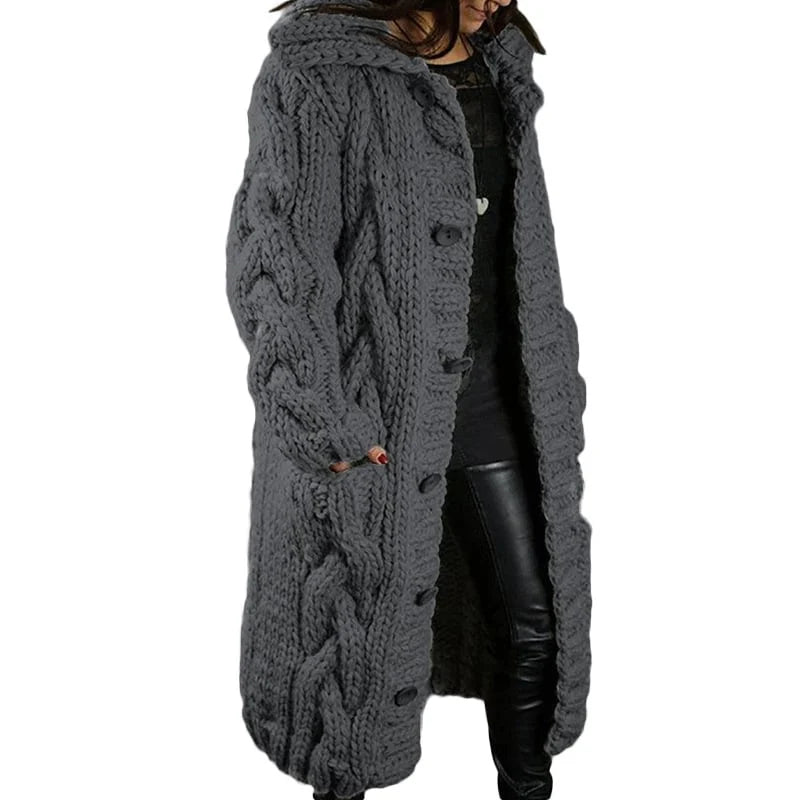 Women's Long Hooded Cable-Knit Cardigan – Chunky Cozy Knit Sweater Coat