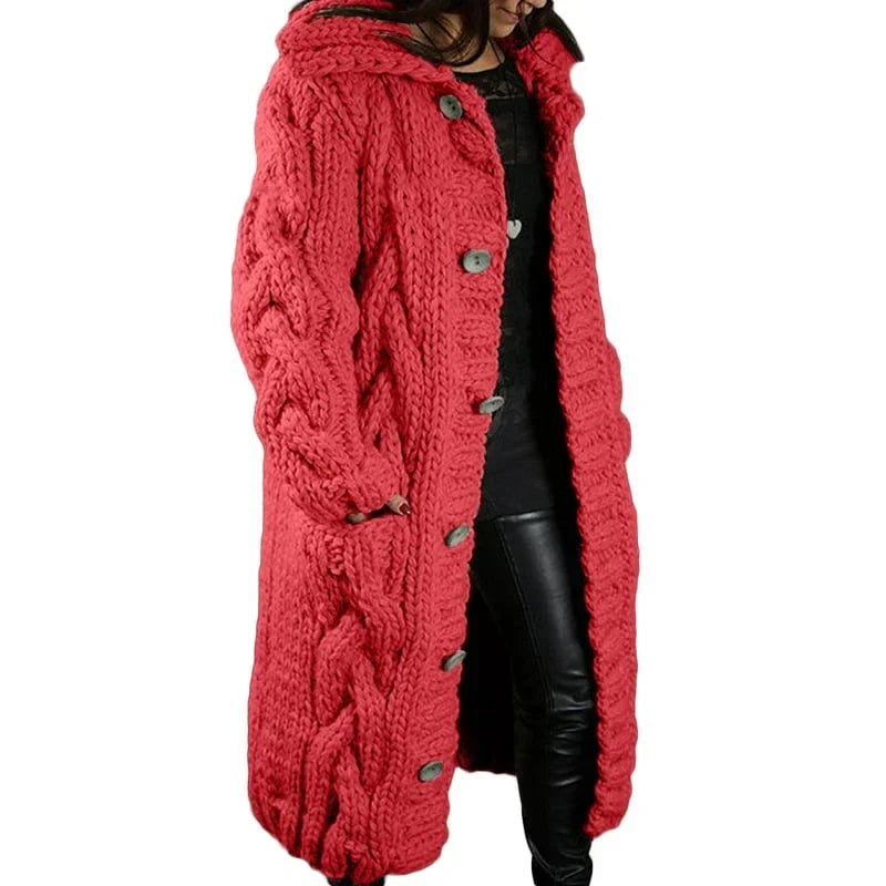 Women's Long Hooded Cable-Knit Cardigan – Chunky Cozy Knit Sweater Coat