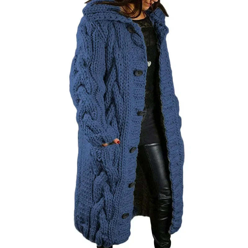 Women's Long Hooded Cable-Knit Cardigan – Chunky Cozy Knit Sweater Coat