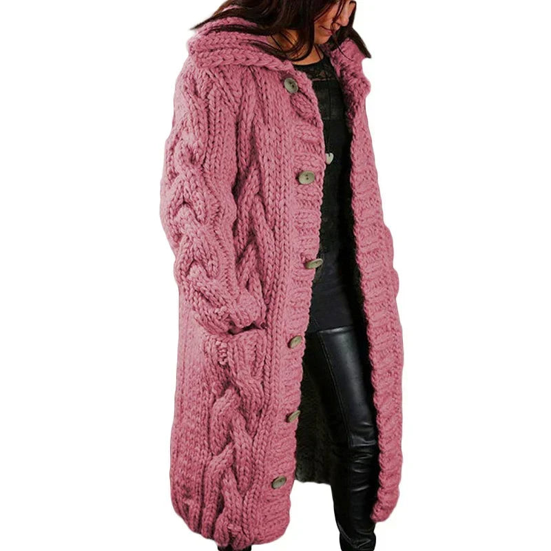 Women's Long Hooded Cable-Knit Cardigan – Chunky Cozy Knit Sweater Coat