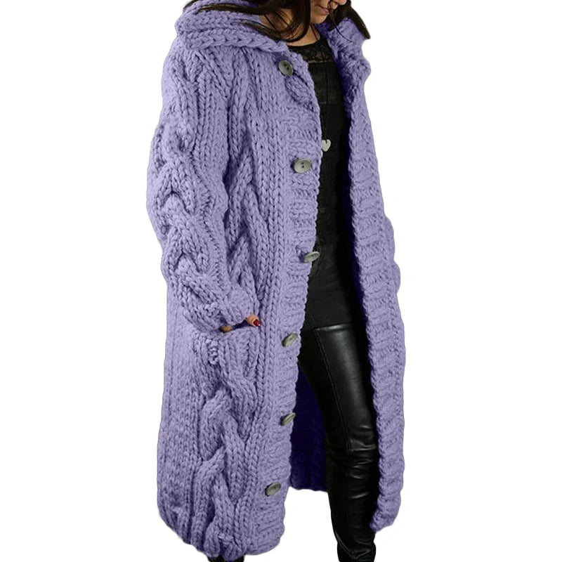 Women's Long Hooded Cable-Knit Cardigan – Chunky Cozy Knit Sweater Coat