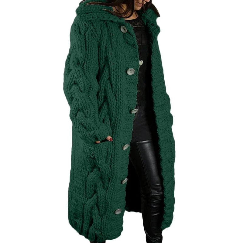 Women's Long Hooded Cable-Knit Cardigan – Chunky Cozy Knit Sweater Coat