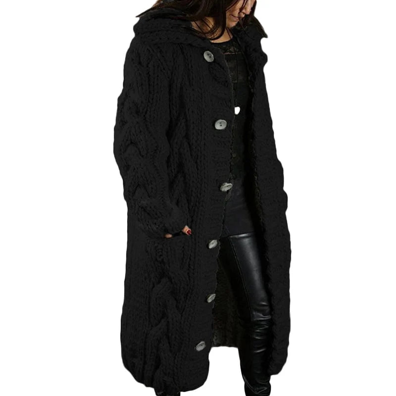 Women's Long Hooded Cable-Knit Cardigan – Chunky Cozy Knit Sweater Coat