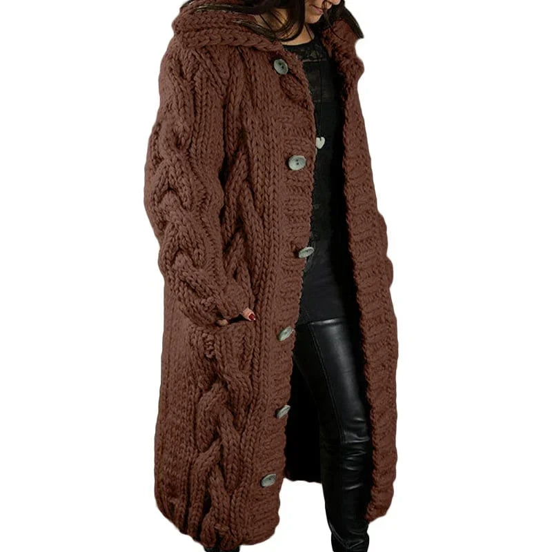 Women's Long Hooded Cable-Knit Cardigan – Chunky Cozy Knit Sweater Coat