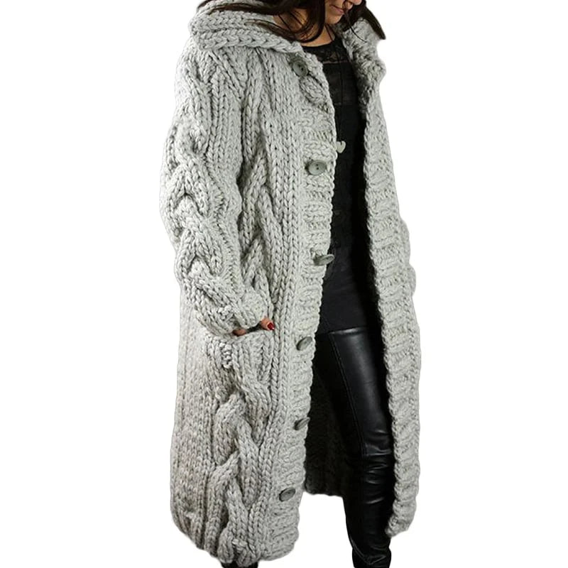 Women's Long Hooded Cable-Knit Cardigan – Chunky Cozy Knit Sweater Coat