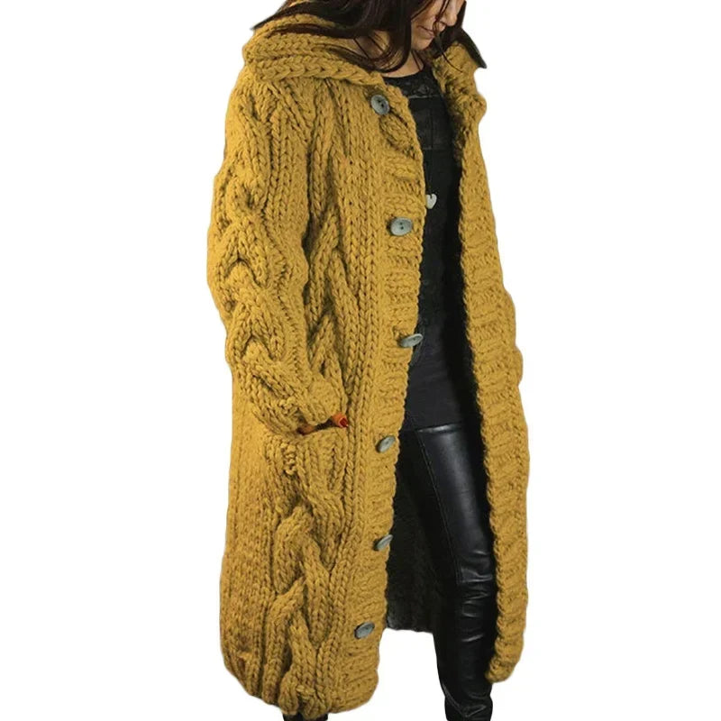 Women's Long Hooded Cable-Knit Cardigan – Chunky Cozy Knit Sweater Coat
