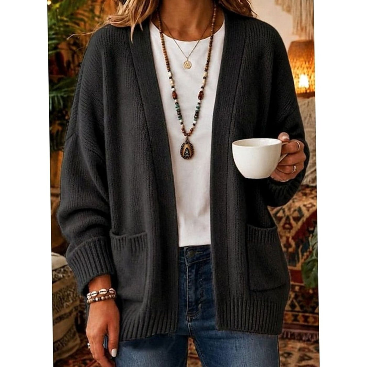 Women's Relaxed Open-Front Cardigan with Pockets – Soft Everyday Knit Layer