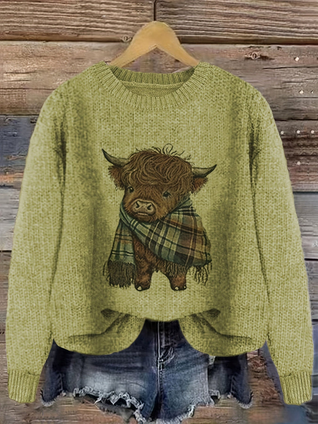 Women's Highland Cow Graphic Sweater – Soft Crewneck Knit Pullover