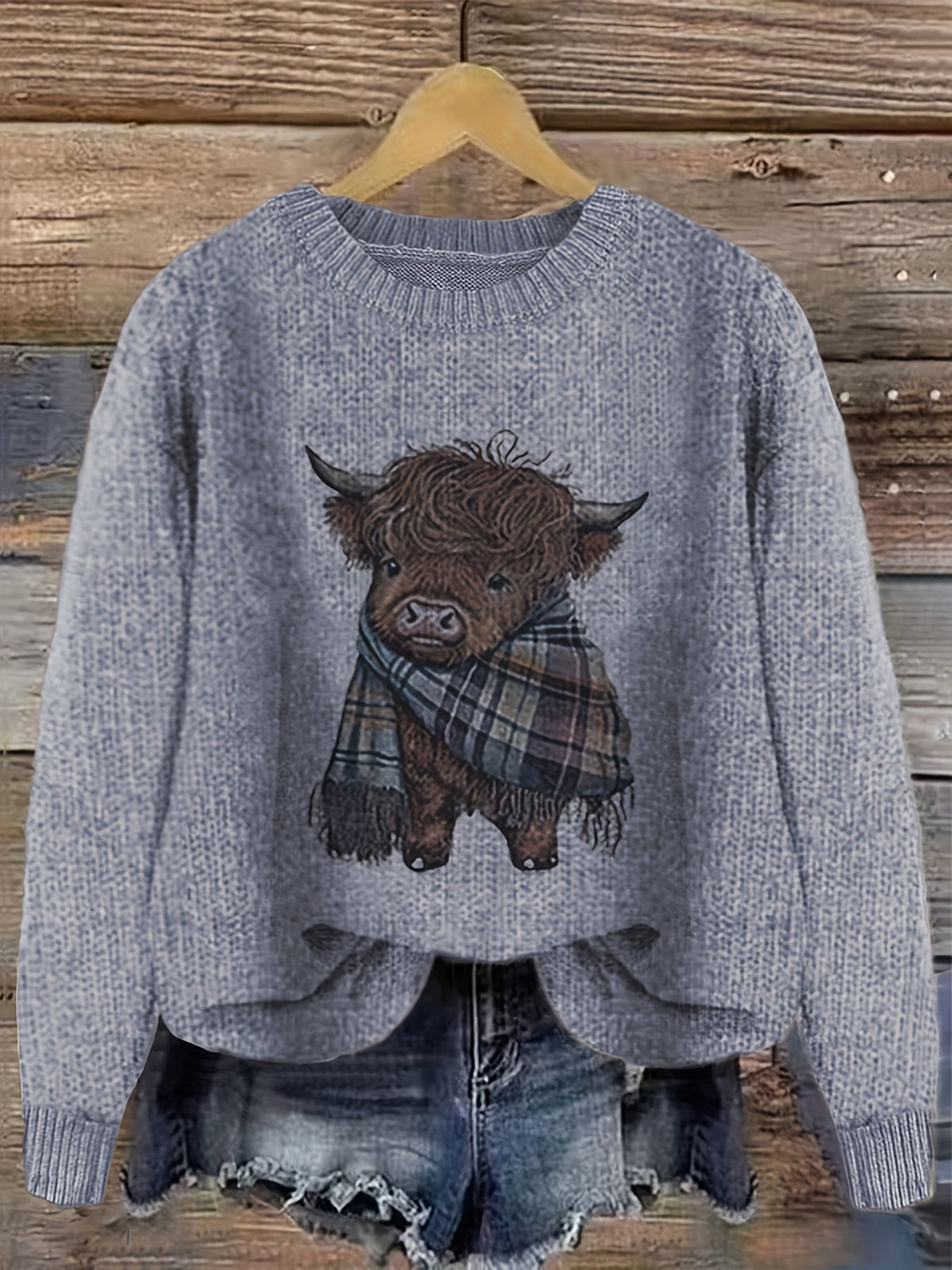 Women's Highland Cow Graphic Sweater – Soft Crewneck Knit Pullover