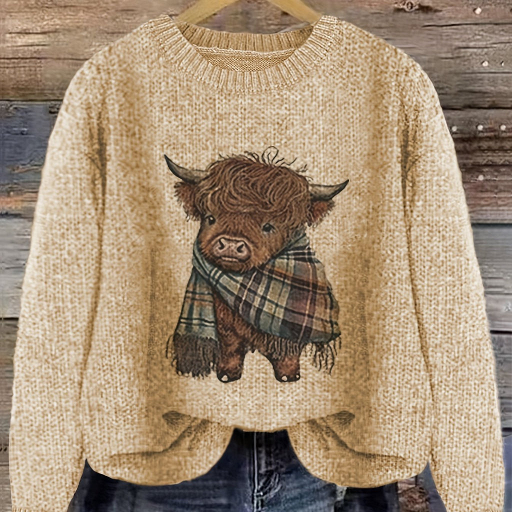 Women's Highland Cow Graphic Sweater – Soft Crewneck Knit Pullover