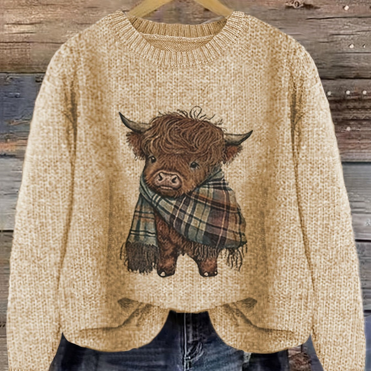 Women's Highland Cow Graphic Sweater – Soft Crewneck Knit Pullover
