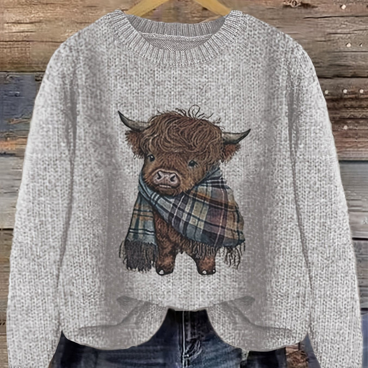 Women's Highland Cow Graphic Sweater – Soft Crewneck Knit Pullover