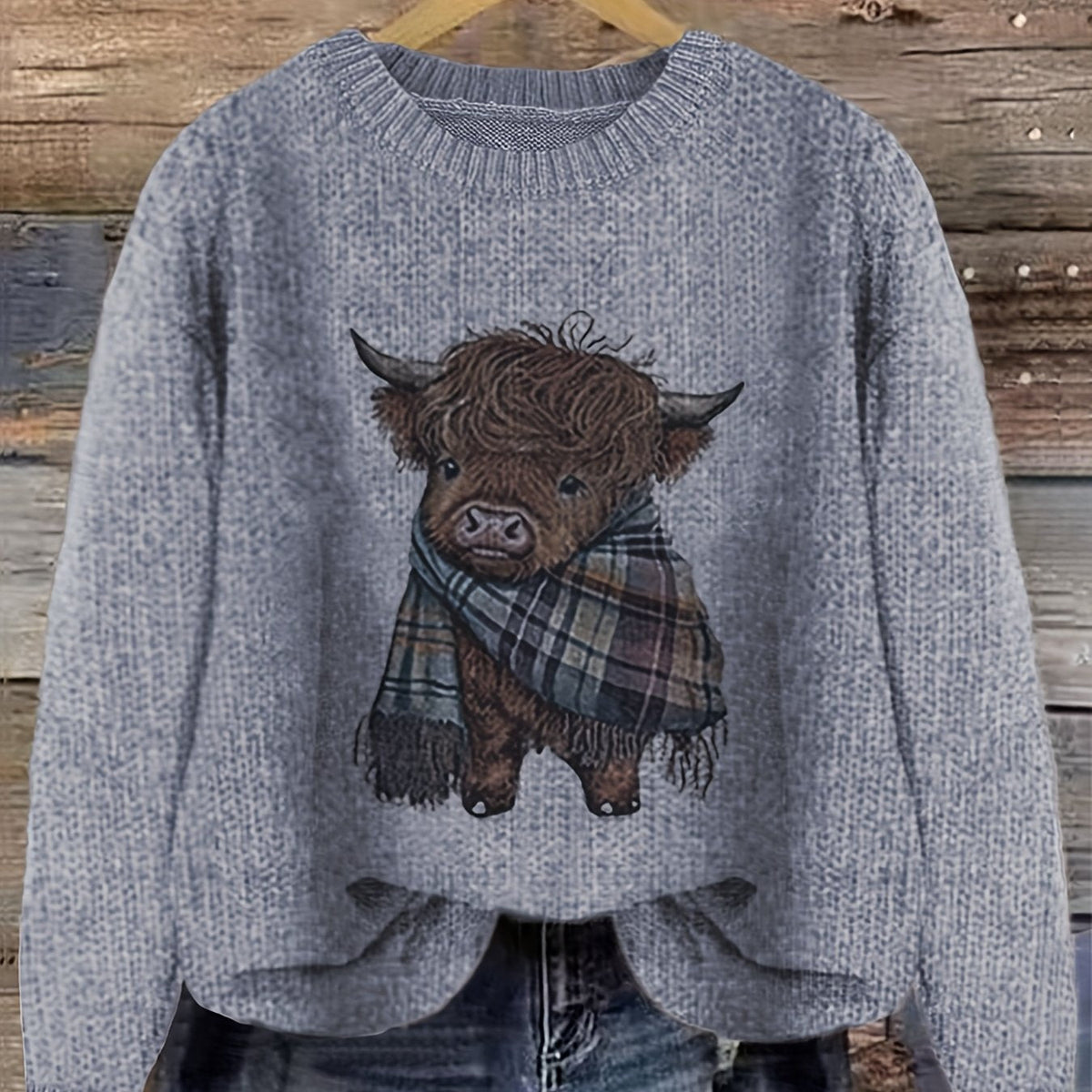 Women's Highland Cow Graphic Sweater – Soft Crewneck Knit Pullover
