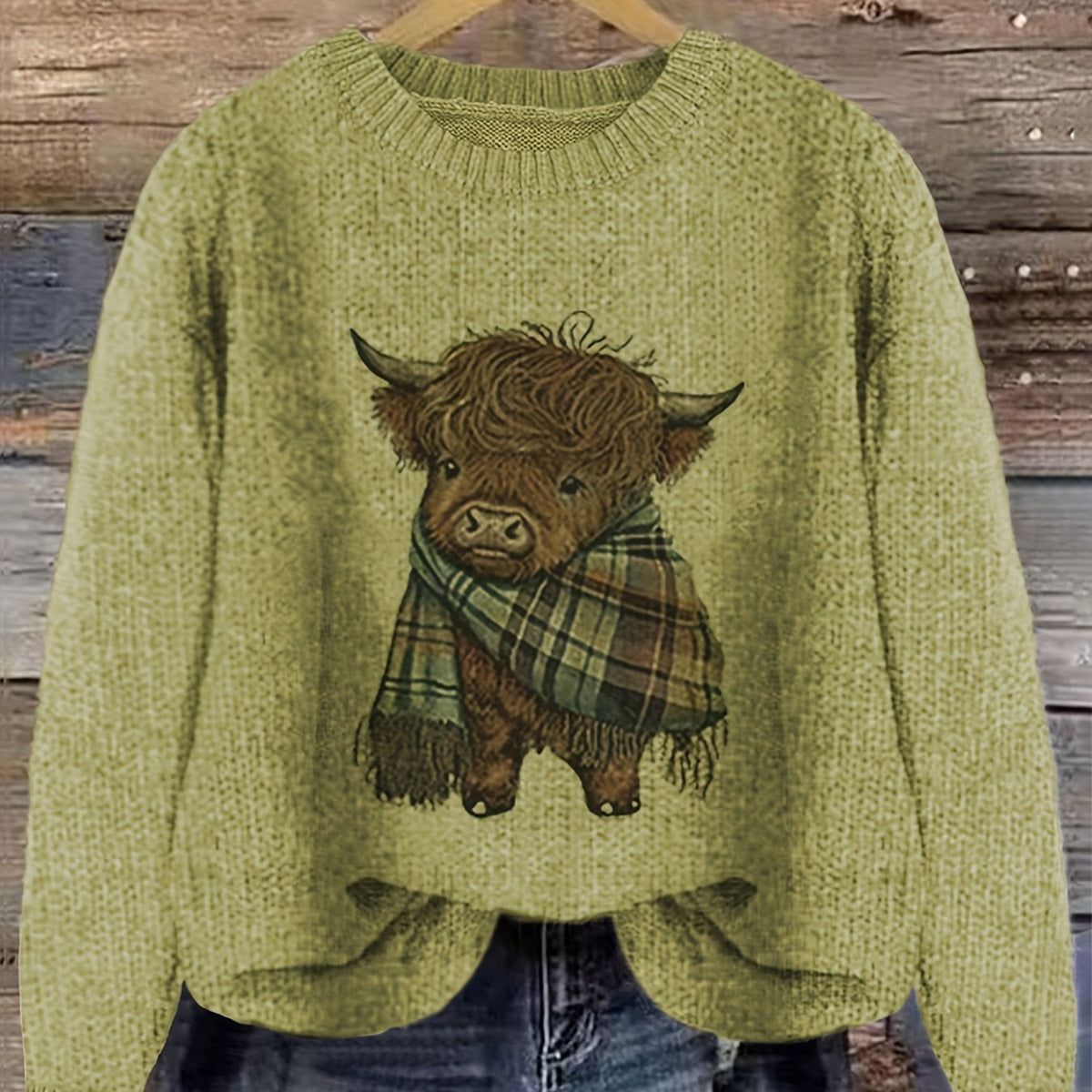 Women's Highland Cow Graphic Sweater – Soft Crewneck Knit Pullover