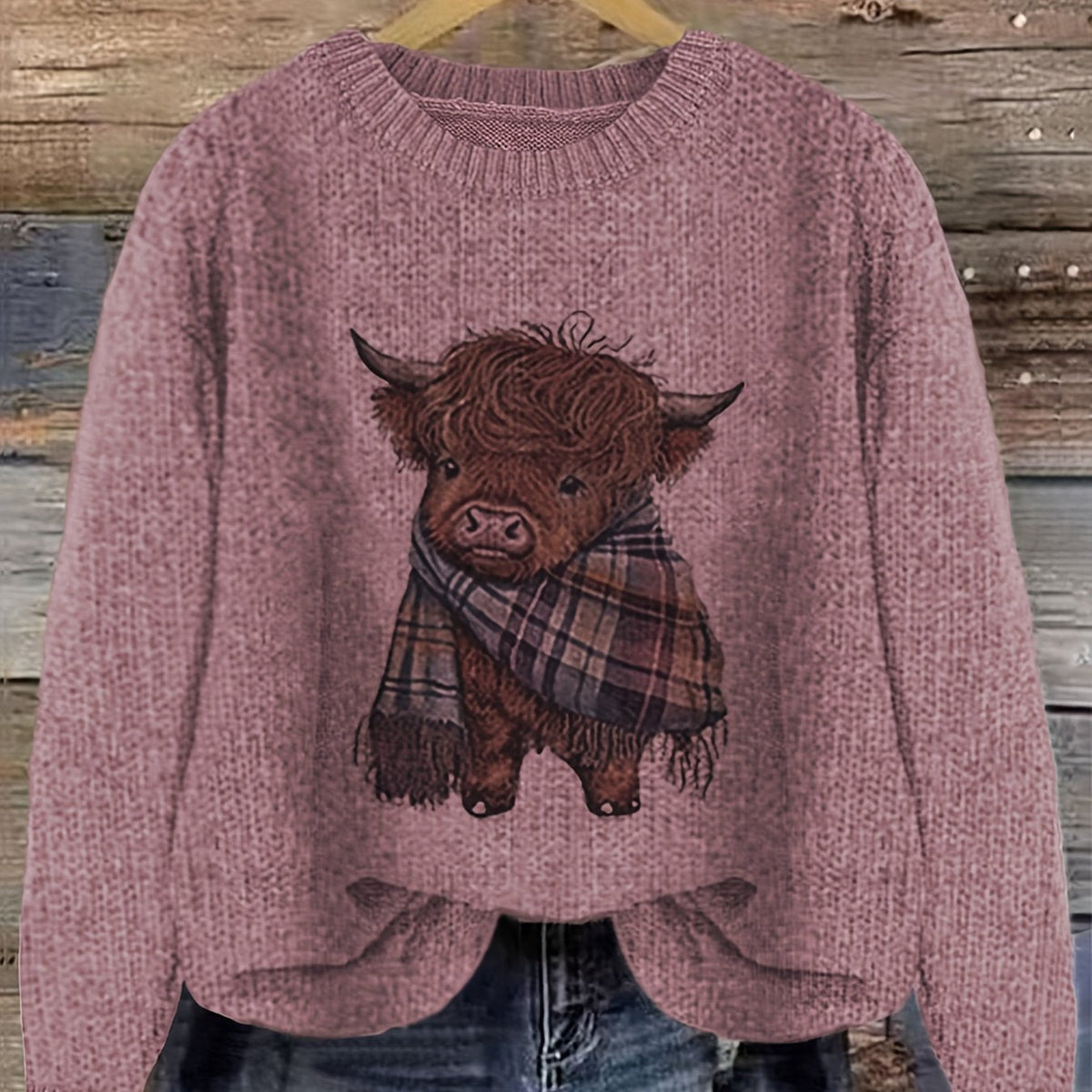 Women's Highland Cow Graphic Sweater – Soft Crewneck Knit Pullover