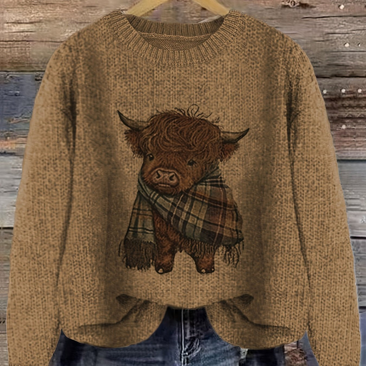 Women's Highland Cow Graphic Sweater – Soft Crewneck Knit Pullover