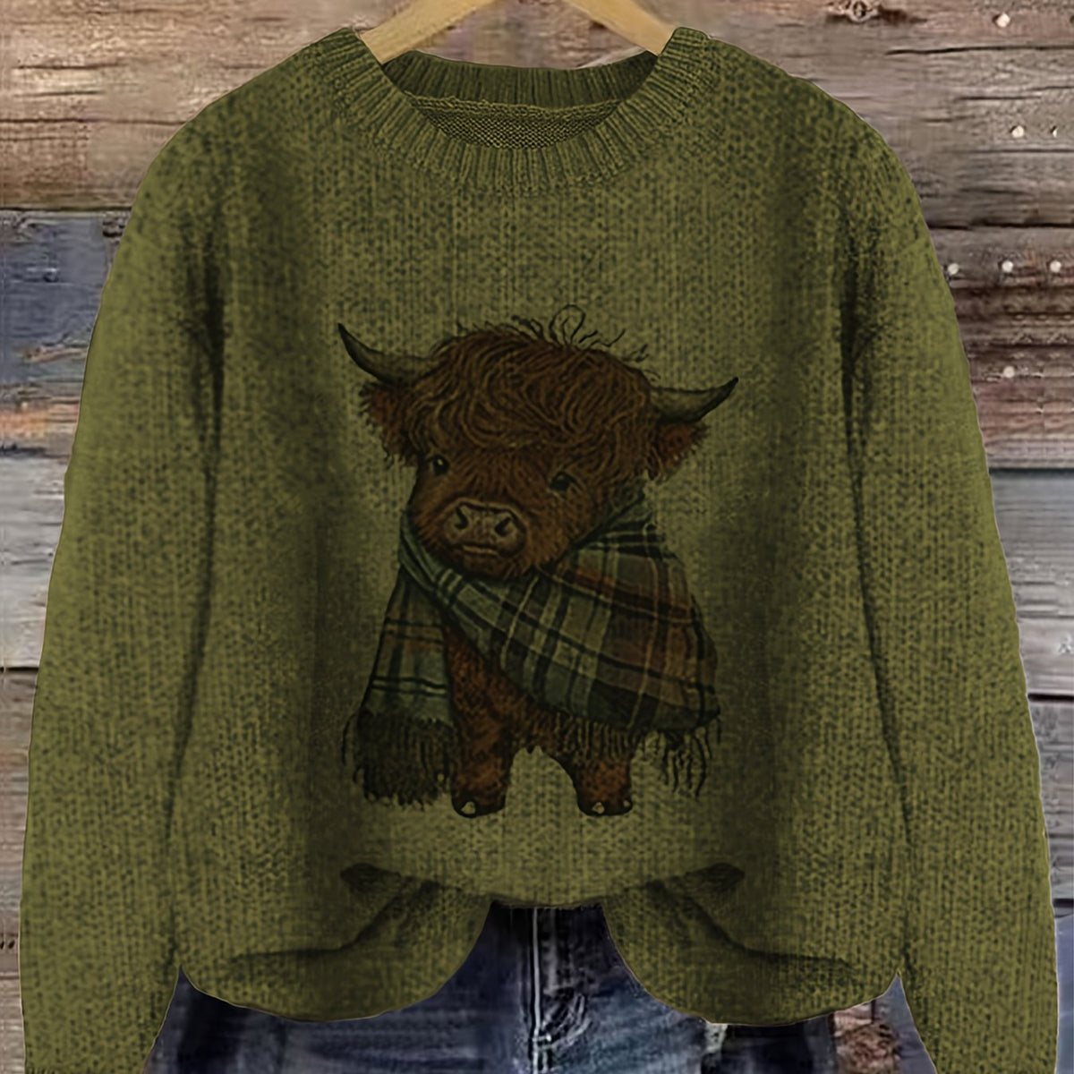 Women's Highland Cow Graphic Sweater – Soft Crewneck Knit Pullover