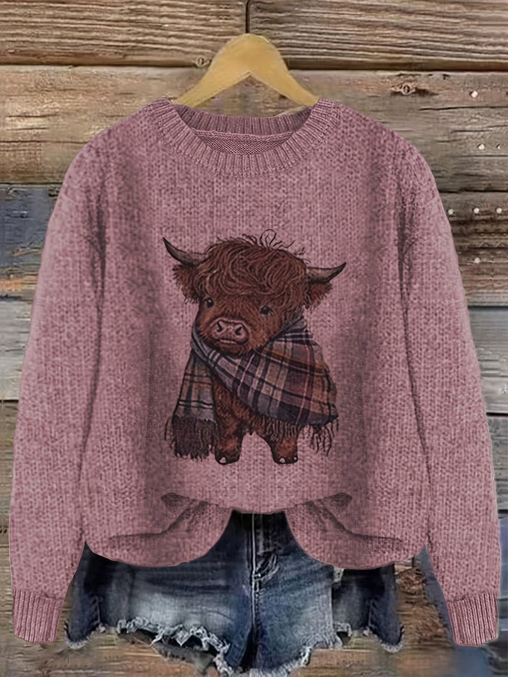 Women's Highland Cow Graphic Sweater – Soft Crewneck Knit Pullover