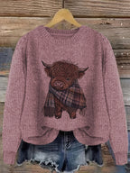 Women's Highland Cow Graphic Sweater – Soft Crewneck Knit Pullover