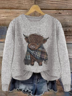 Women's Highland Cow Graphic Sweater – Soft Crewneck Knit Pullover