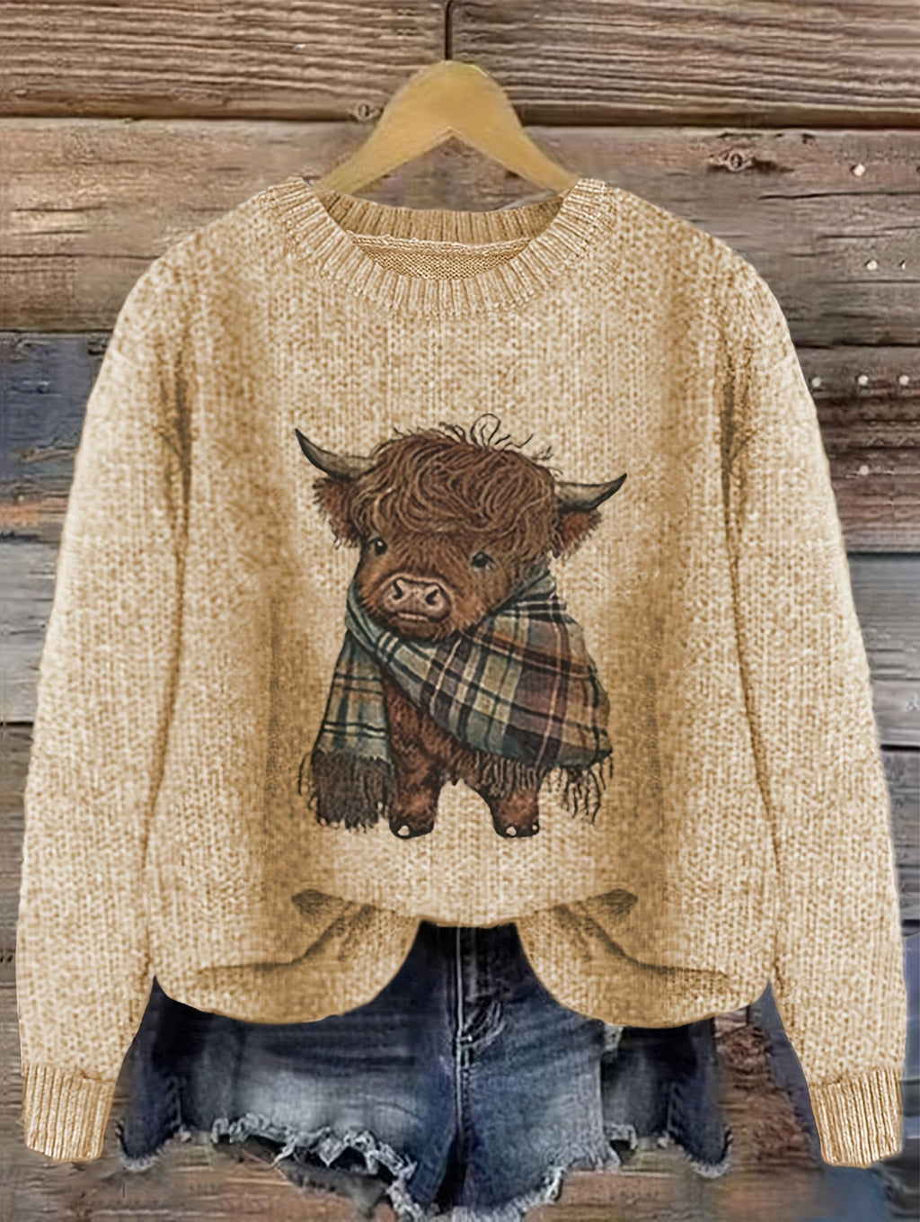 Women's Highland Cow Graphic Sweater – Soft Crewneck Knit Pullover