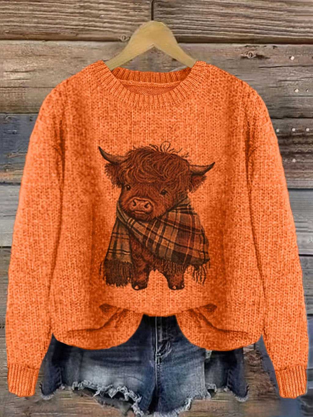 Women's Highland Cow Graphic Sweater – Soft Crewneck Knit Pullover