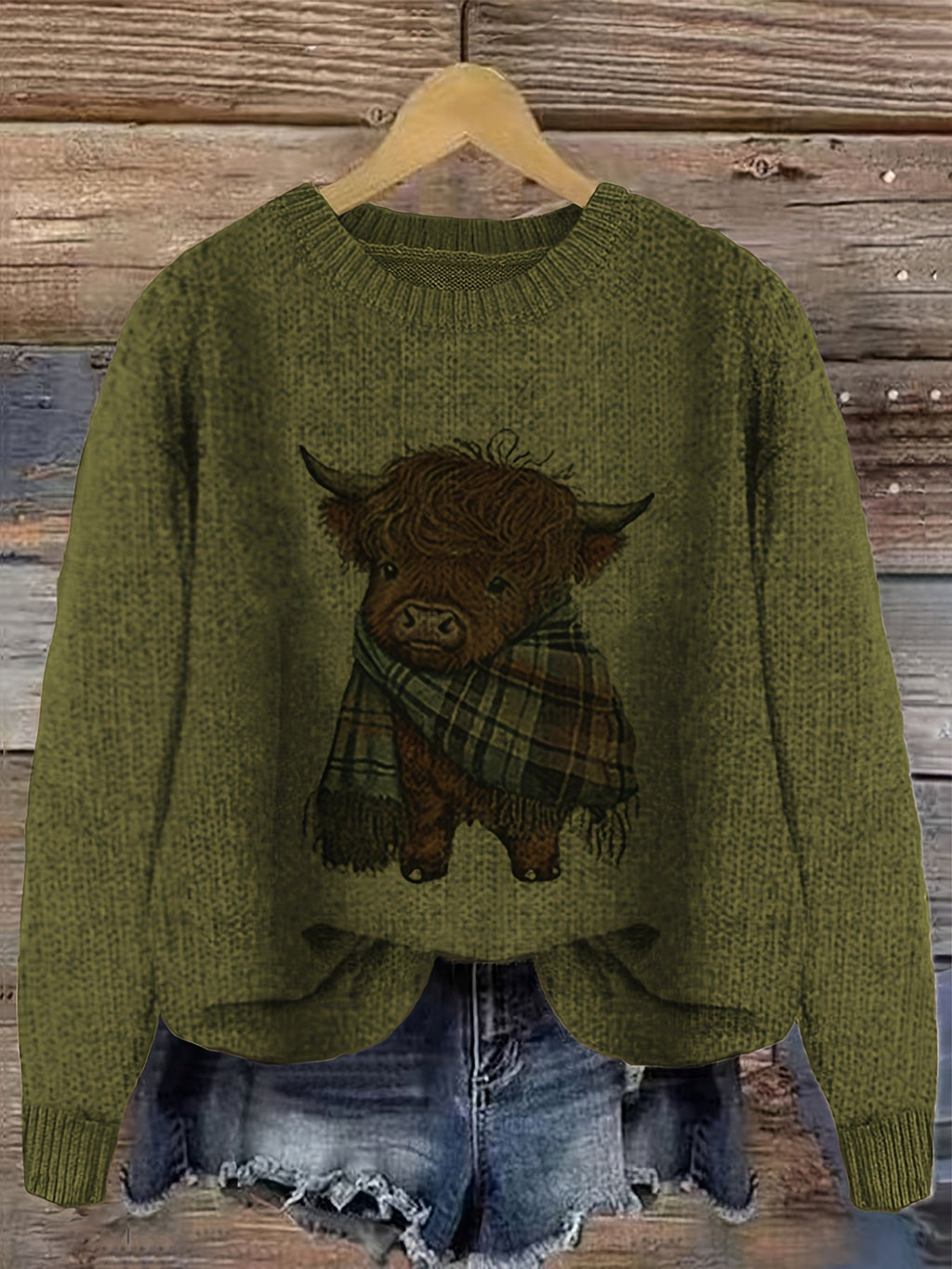 Women's Highland Cow Graphic Sweater – Soft Crewneck Knit Pullover