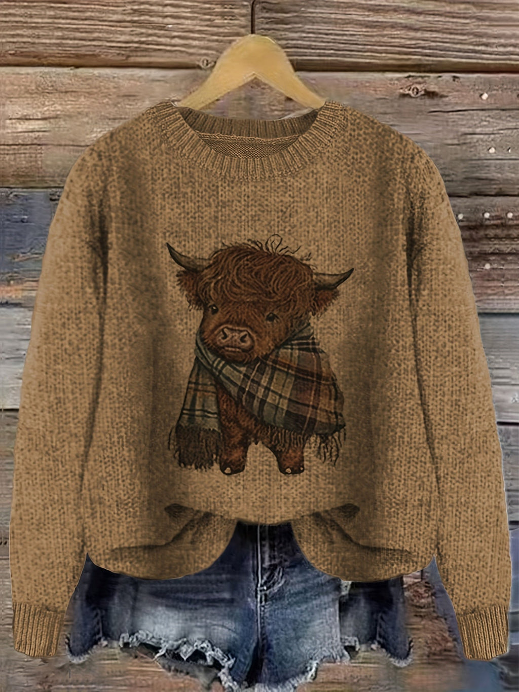 Women's Highland Cow Graphic Sweater – Soft Crewneck Knit Pullover