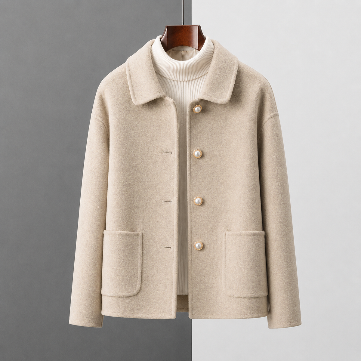 Women's Cropped Button-Front Coat – Rounded Collar Single-Breasted Jacket