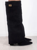 Women's Thigh-High Boots with Gold-Tone Buckle – Pointed Toe Block Heel Suede-Look Boots