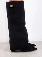 Women's Thigh-High Boots with Gold-Tone Buckle – Pointed Toe Block Heel Suede-Look Boots