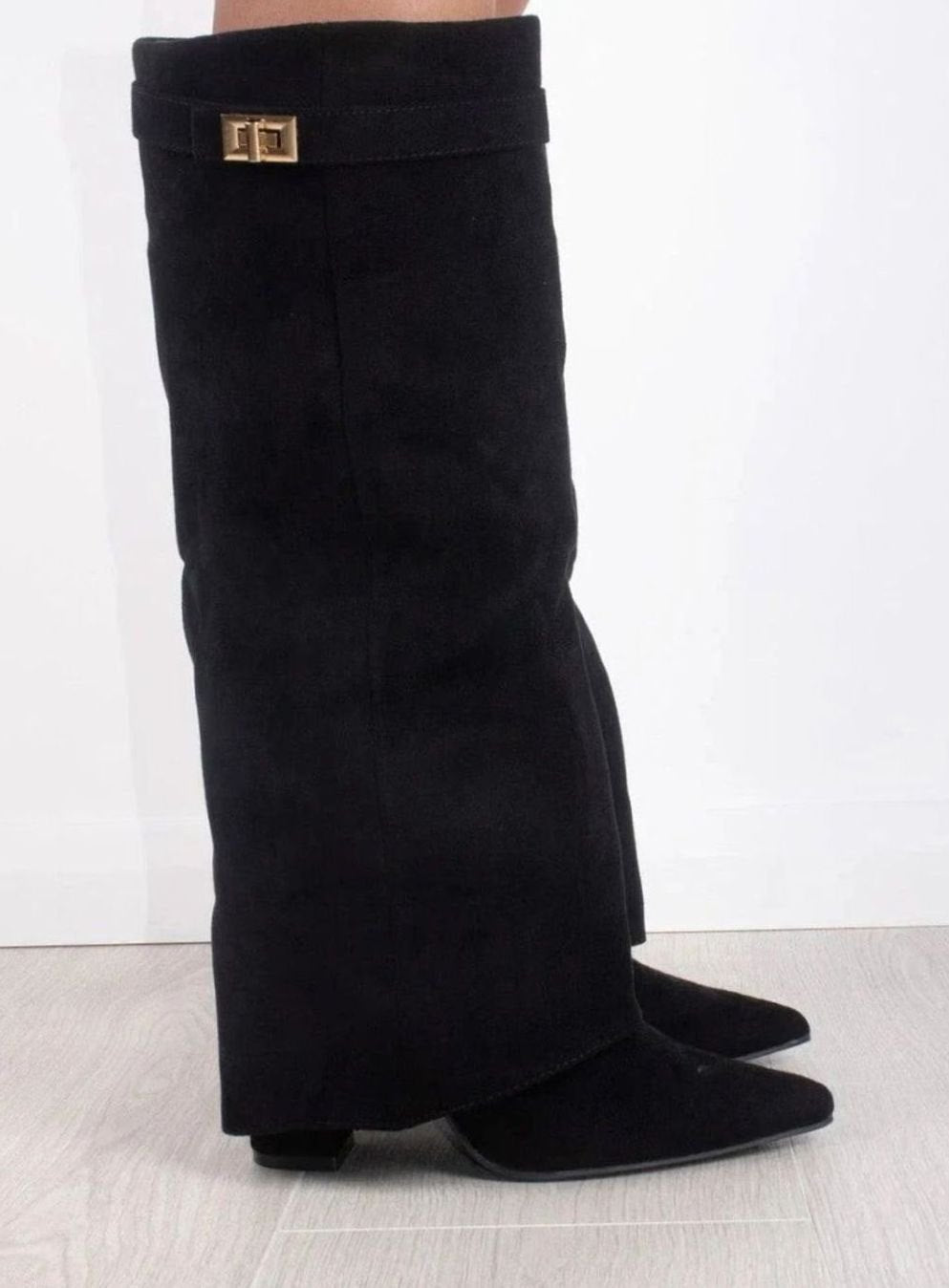 Women's Thigh-High Boots with Gold-Tone Buckle – Pointed Toe Block Heel Suede-Look Boots