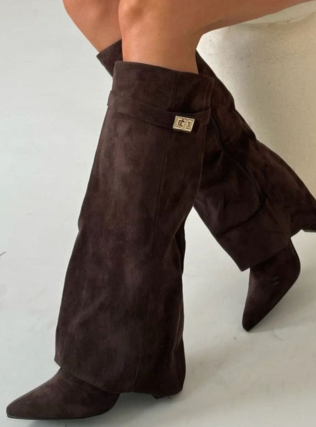 Women's Thigh-High Boots with Gold-Tone Buckle – Pointed Toe Block Heel Suede-Look Boots