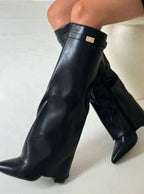 Women's Thigh-High Boots with Gold-Tone Buckle – Pointed Toe Block Heel Suede-Look Boots