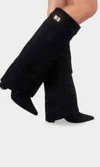 Women's Thigh-High Boots with Gold-Tone Buckle – Pointed Toe Block Heel Suede-Look Boots