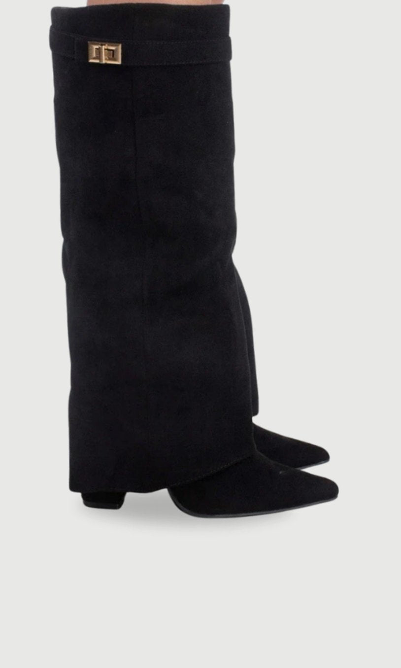 Women's Thigh-High Boots with Gold-Tone Buckle – Pointed Toe Block Heel Suede-Look Boots