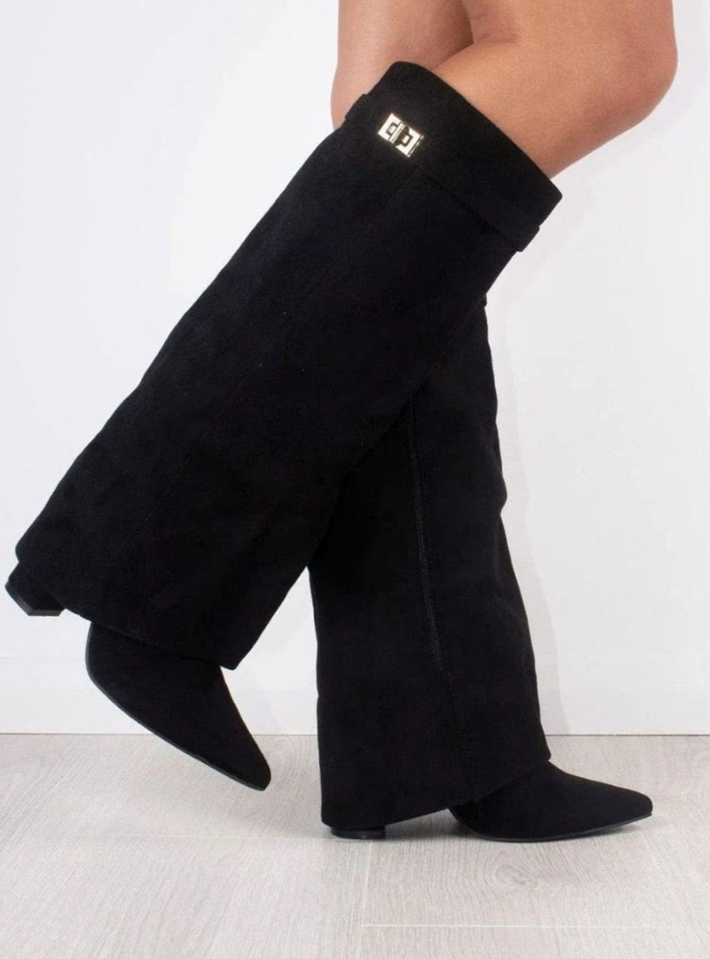 Women's Thigh-High Boots with Gold-Tone Buckle – Pointed Toe Block Heel Suede-Look Boots