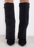 Women's Thigh-High Boots with Gold-Tone Buckle – Pointed Toe Block Heel Suede-Look Boots