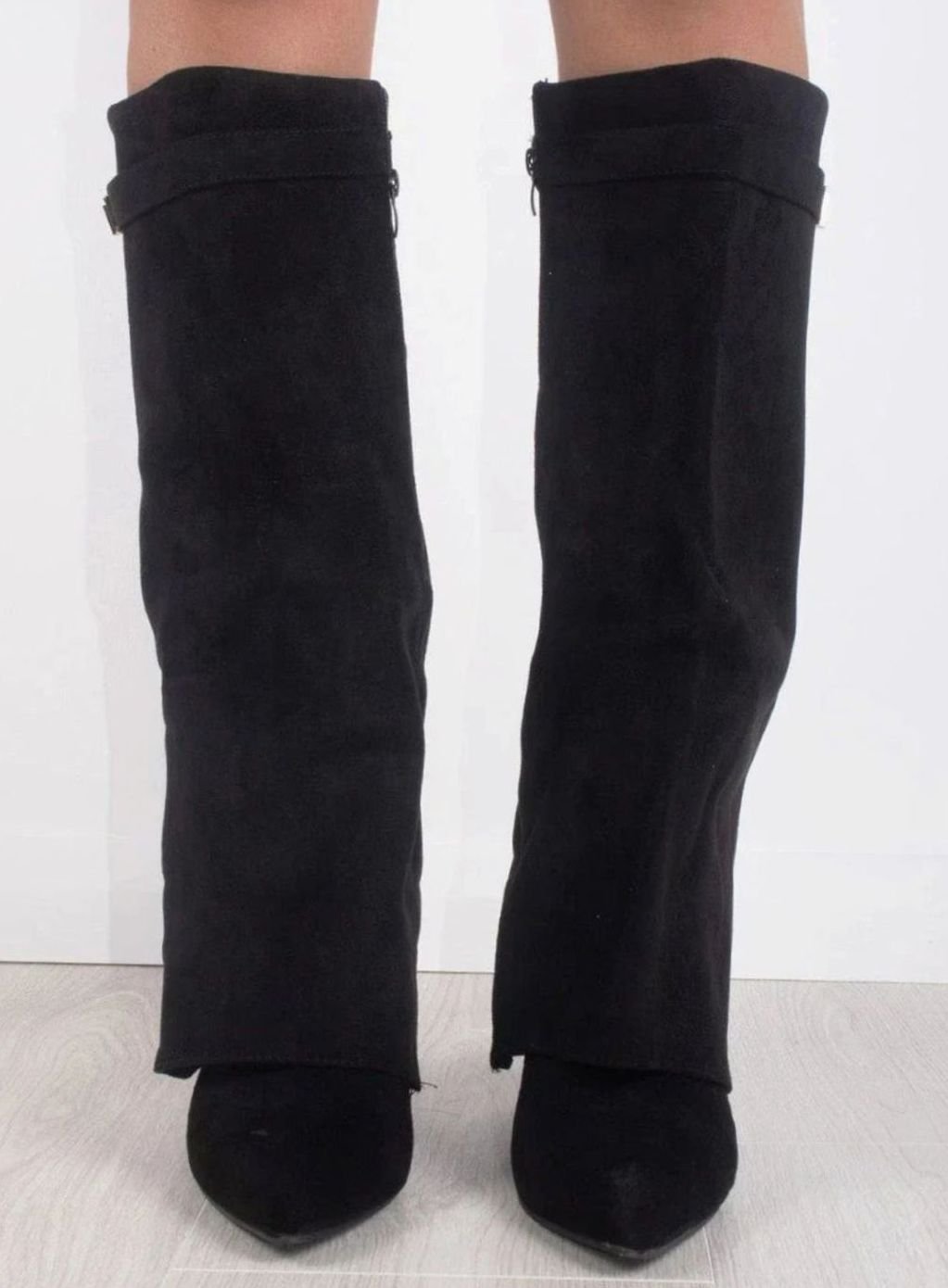 Women's Thigh-High Boots with Gold-Tone Buckle – Pointed Toe Block Heel Suede-Look Boots