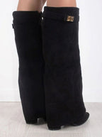 Women's Thigh-High Boots with Gold-Tone Buckle – Pointed Toe Block Heel Suede-Look Boots