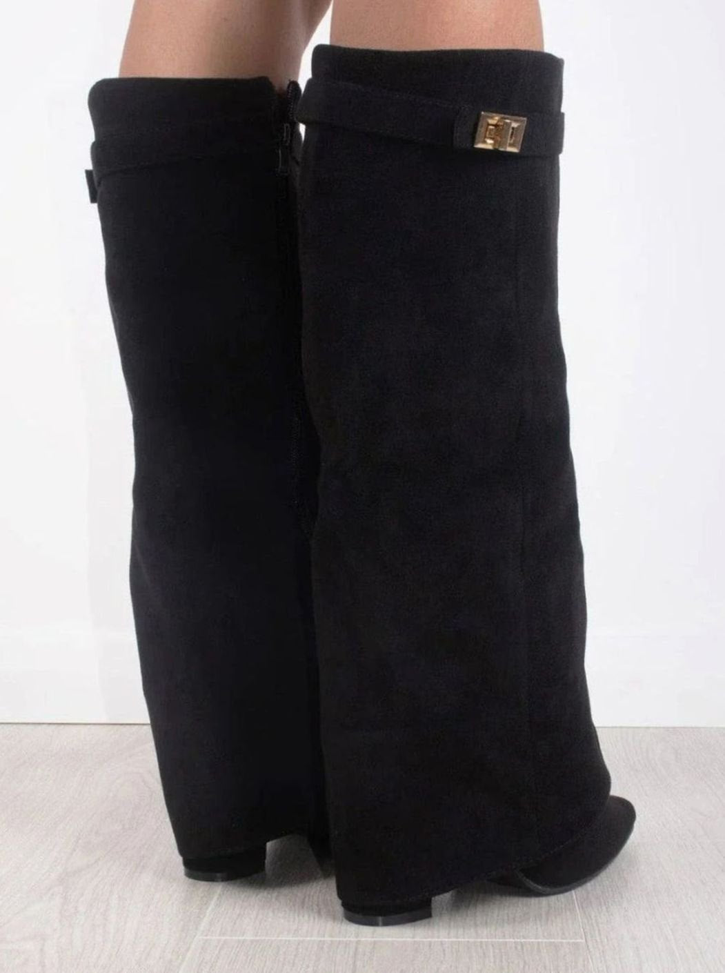 Women's Thigh-High Boots with Gold-Tone Buckle – Pointed Toe Block Heel Suede-Look Boots