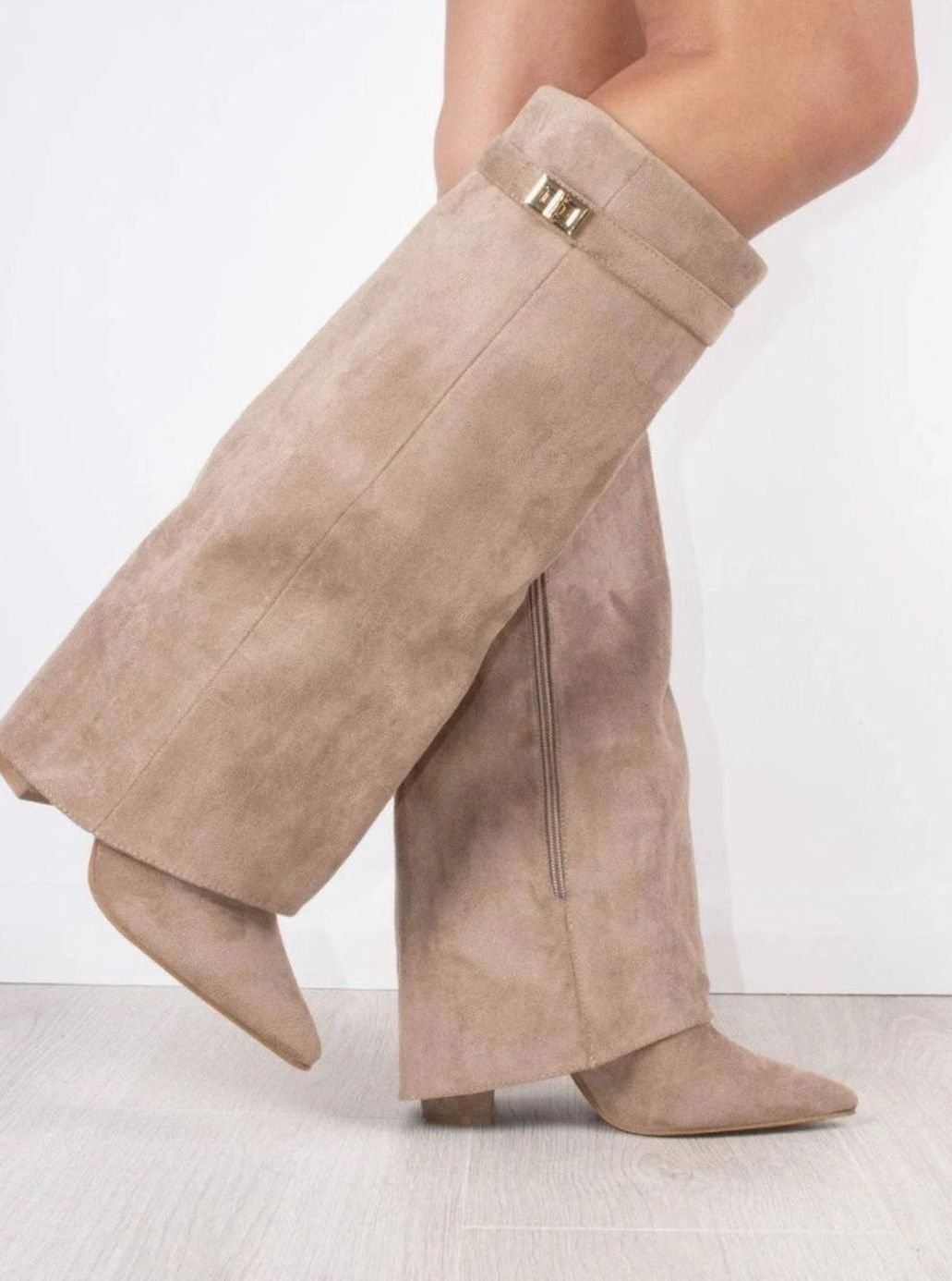 Women's Thigh-High Boots with Gold-Tone Buckle – Pointed Toe Block Heel Suede-Look Boots