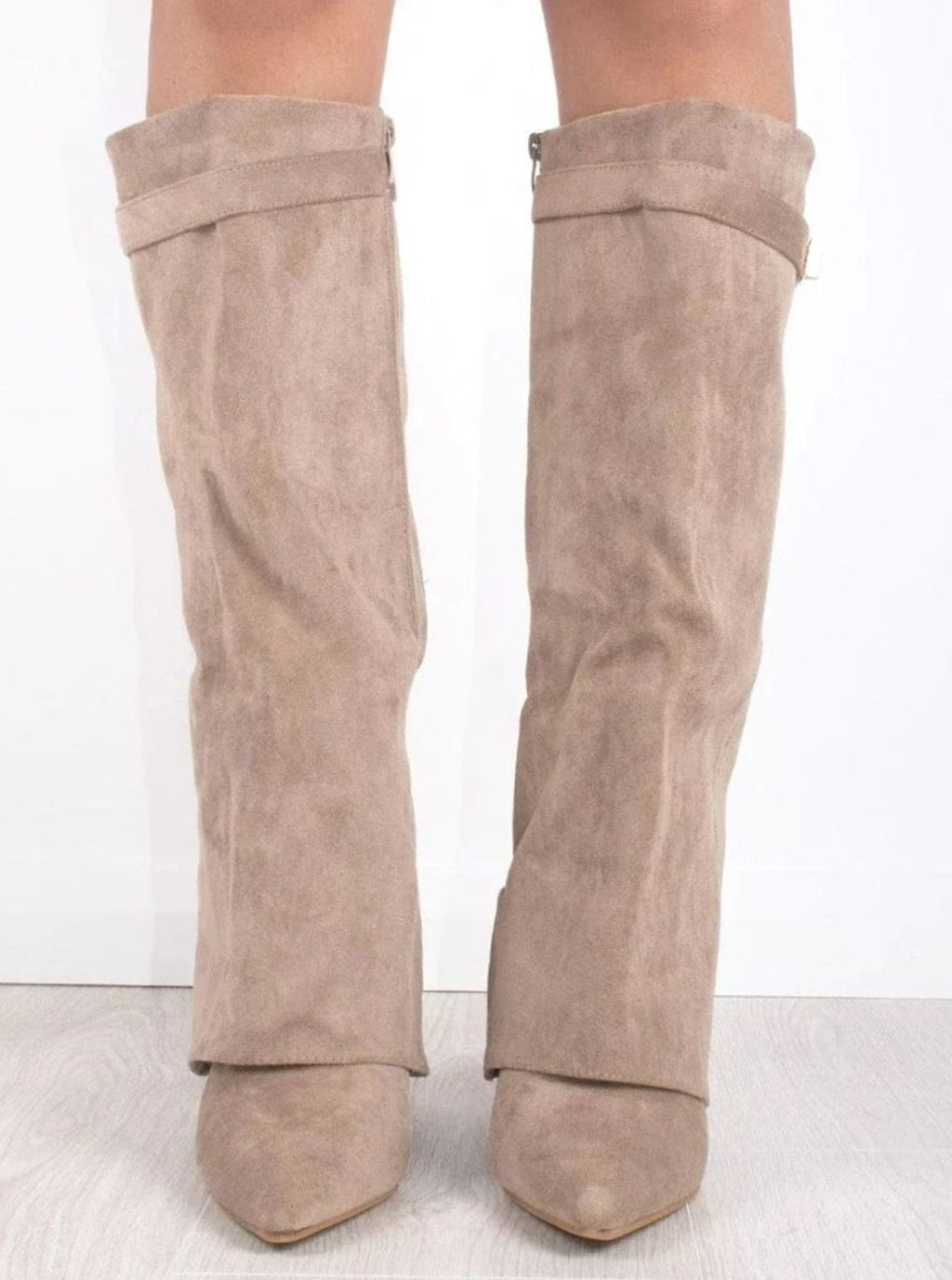 Women's Thigh-High Boots with Gold-Tone Buckle – Pointed Toe Block Heel Suede-Look Boots
