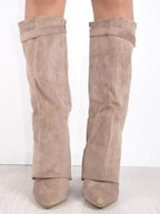 Women's Thigh-High Boots with Gold-Tone Buckle – Pointed Toe Block Heel Suede-Look Boots