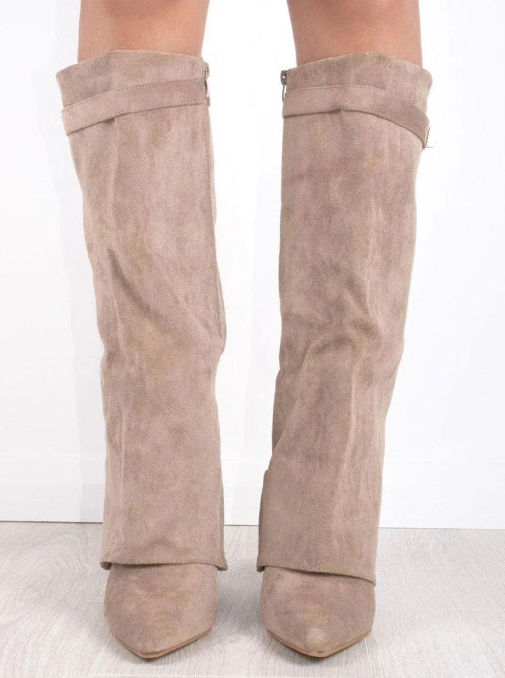 Women's Thigh-High Boots with Gold-Tone Buckle – Pointed Toe Block Heel Suede-Look Boots